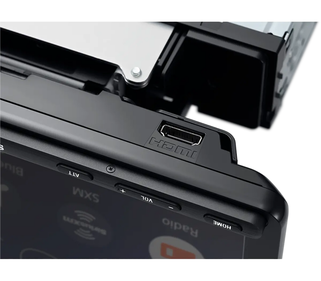 Sony XAV-AX8100 close-up of top edge of 8.95 inch screen panel showing HDMI input port with single DIN chassis mounting bracket visible above