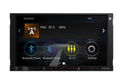 A car stereo touchscreen display showing media interface icons for Bluetooth phone, Bluetooth audio, AV In, and Settings, centered on a white background.