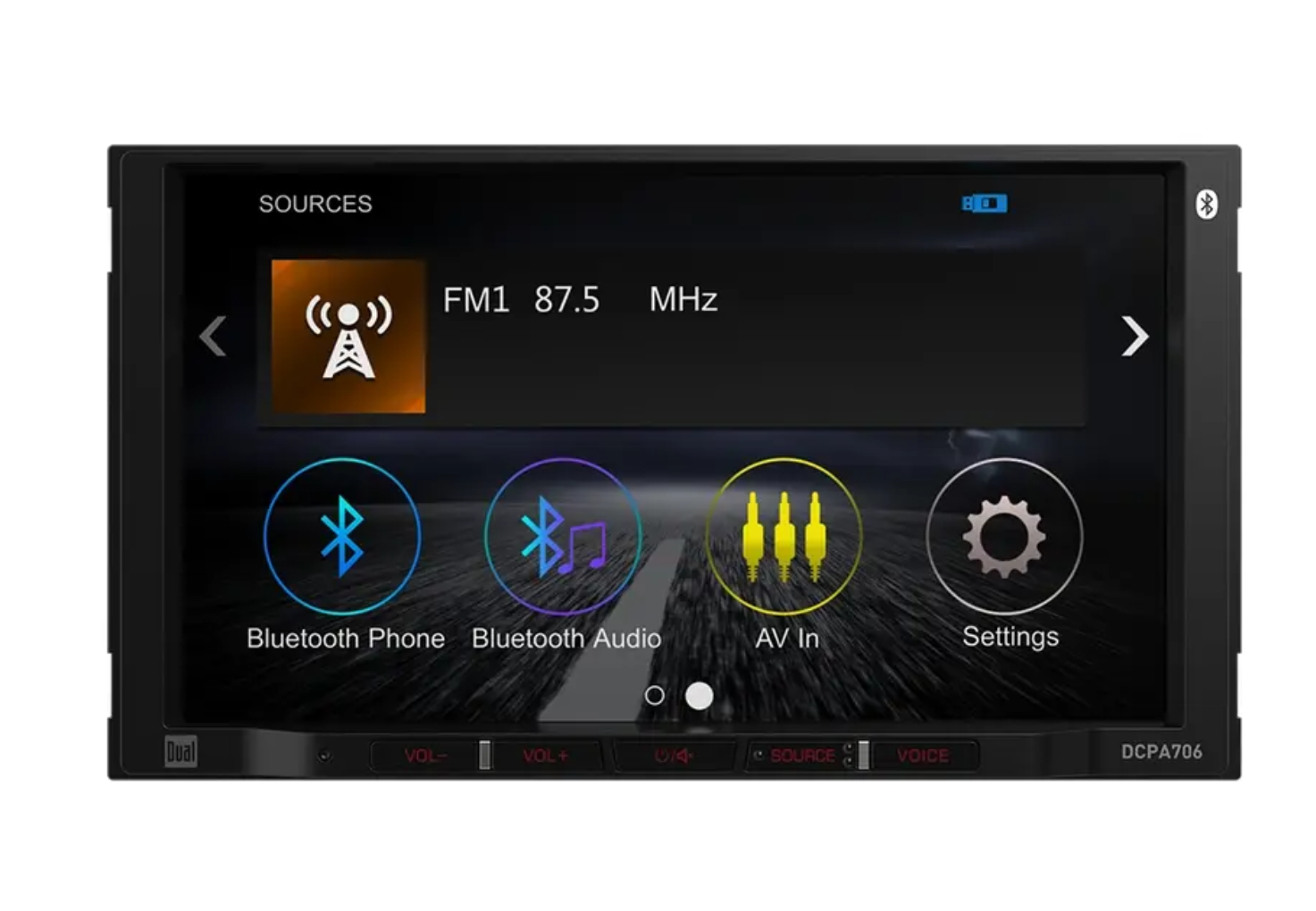 A car stereo touchscreen display showing media interface icons for Bluetooth phone, Bluetooth audio, AV In, and Settings, centered on a white background.