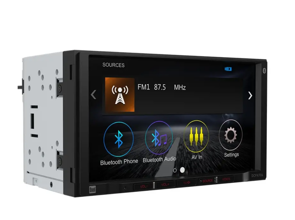 A 7-inch car stereo headunit receiver with a black bezel and silver side mounting bracket, shown on a white background. The screen displays a user interface with Bluetooth and audio options.
