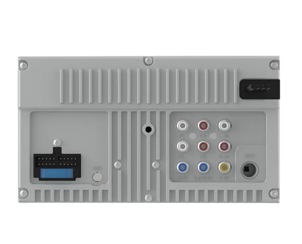 Rear view of a silver metal electronic control panel or receiver module with various input/output connectors, including RCA jacks and a blue power adapter, shown on a white background.