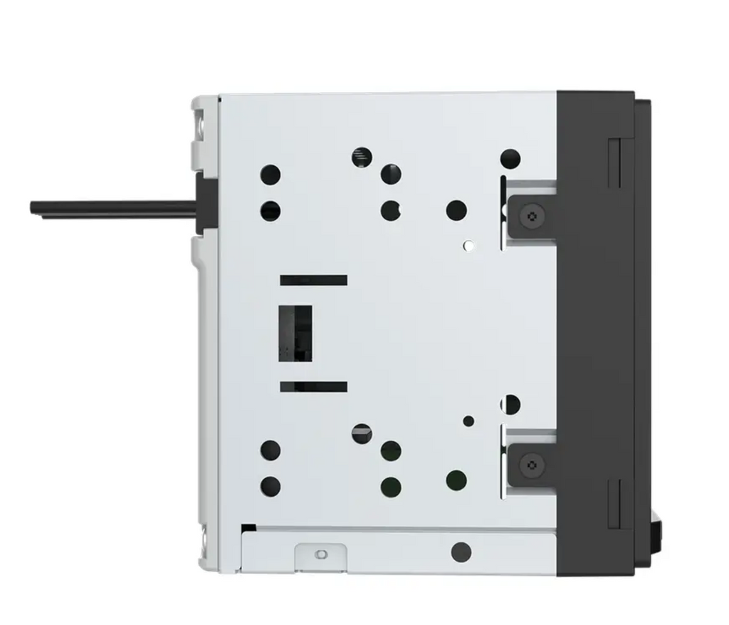 A silver and black electronic mounting bracket or hardware component shown from the side against a plain white background.