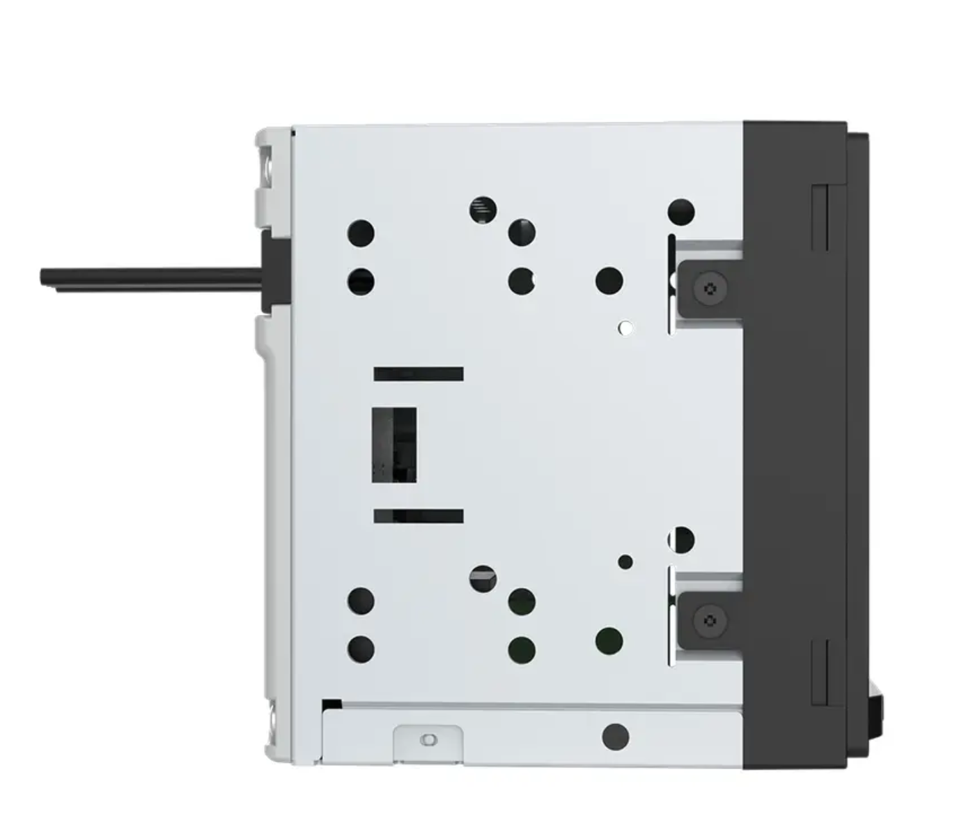 A silver and black electronic mounting bracket or hardware component shown from the side against a plain white background.