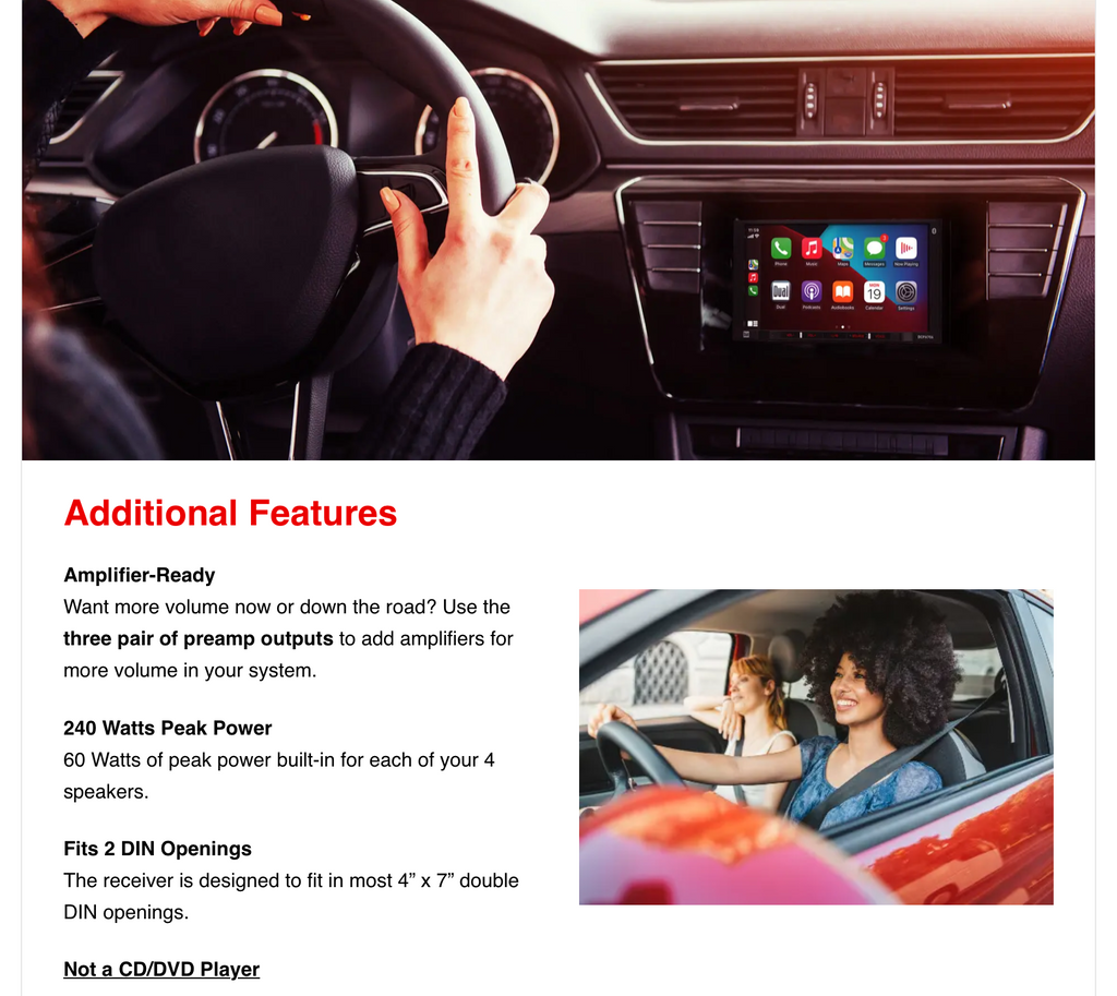 A screenshot of a product webpage for a car audio system upgrade, showing a large photo of hands on a steering wheel with a car dashboard display, plus text and smaller inset photos. The page header shows 'douyin' and the footer indicates a browser cookie notice.