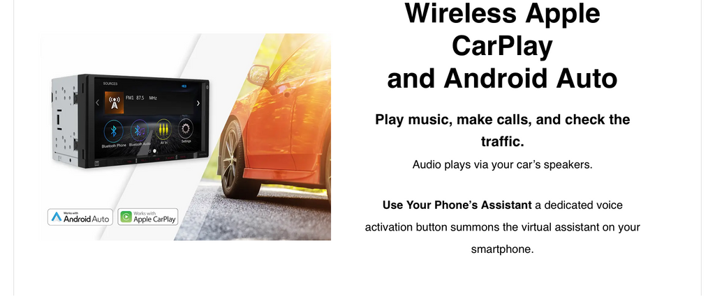 Promotional graphic for a car audio head unit supporting Wireless Apple CarPlay and Android Auto, with a product photo on the left, an orange car on the right, and descriptive text on a white background.