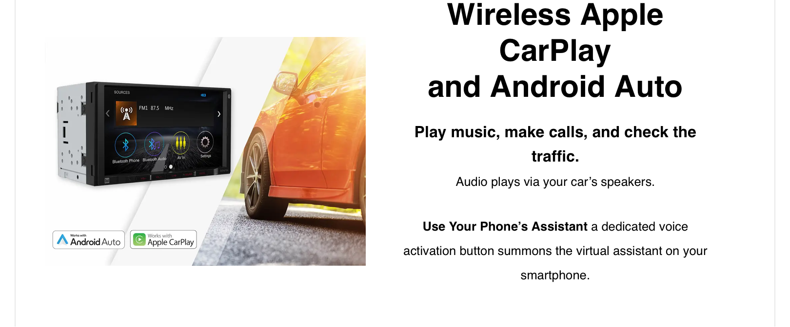 Promotional graphic for a car audio head unit supporting Wireless Apple CarPlay and Android Auto, with a product photo on the left, an orange car on the right, and descriptive text on a white background.