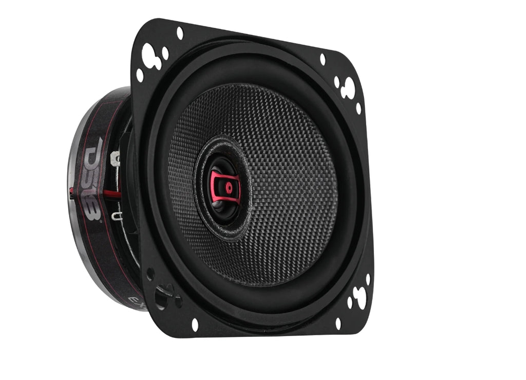 A black square automotive speaker with a carbon-fiber-textured cone and a red center detail, shown at an angle on a white background.