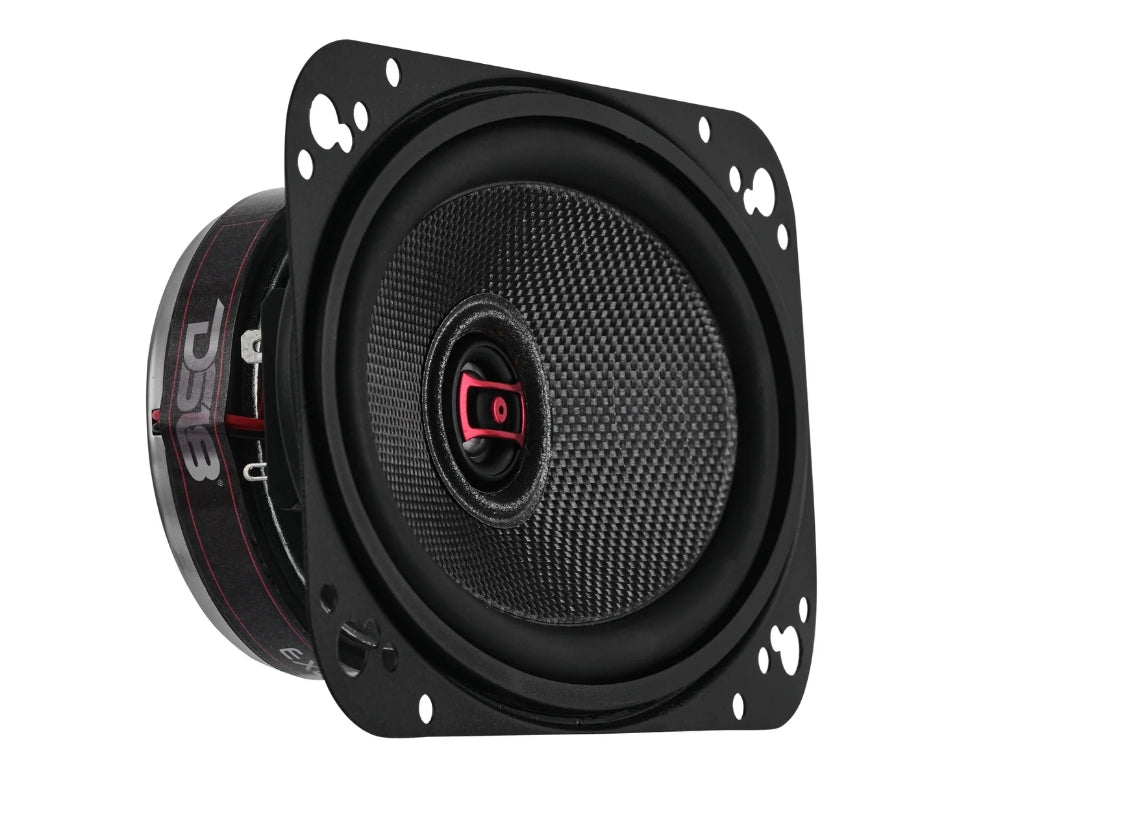 A black square automotive speaker with a carbon-fiber-textured cone and a red center detail, shown at an angle on a white background.