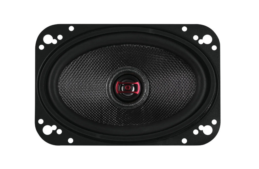 A rectangular car speaker with an oval design, featuring a black textured cone and a central red and silver tweeter, set against a plain white background.