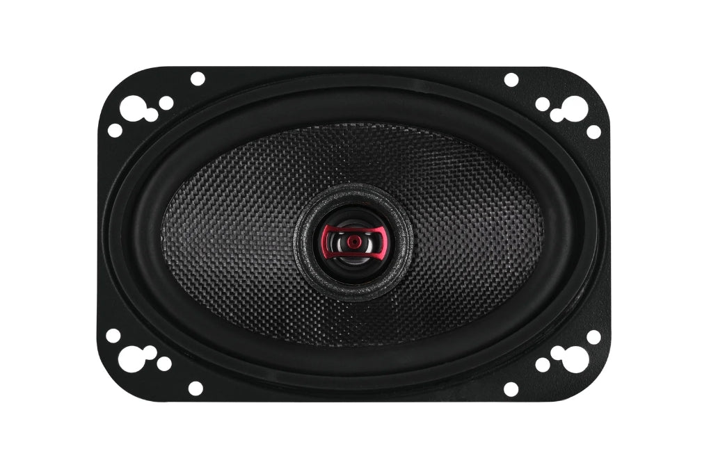 A rectangular car speaker with an oval design, featuring a black textured cone and a central red and silver tweeter, set against a plain white background.