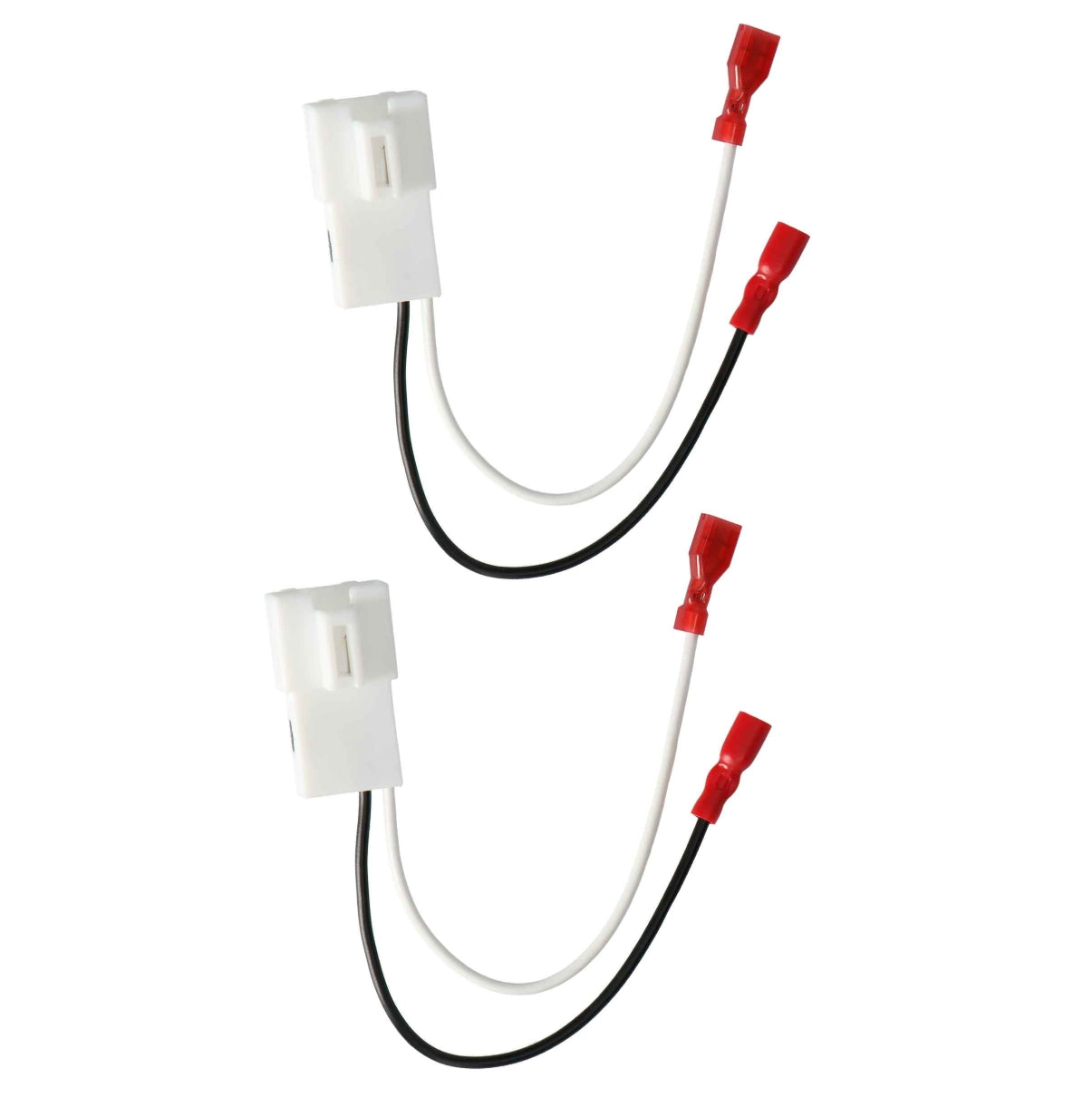 Two matching electrical wire connectors shown on a plain white background. Each connector has a white plastic housing with a black and white wire emerging from it, ending in red screw terminals.