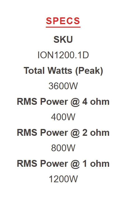 DS18 |  ION1200.1D Compact Full Range 1 Channel Amplifier 1200 Watts RMS @ 1-Ohm