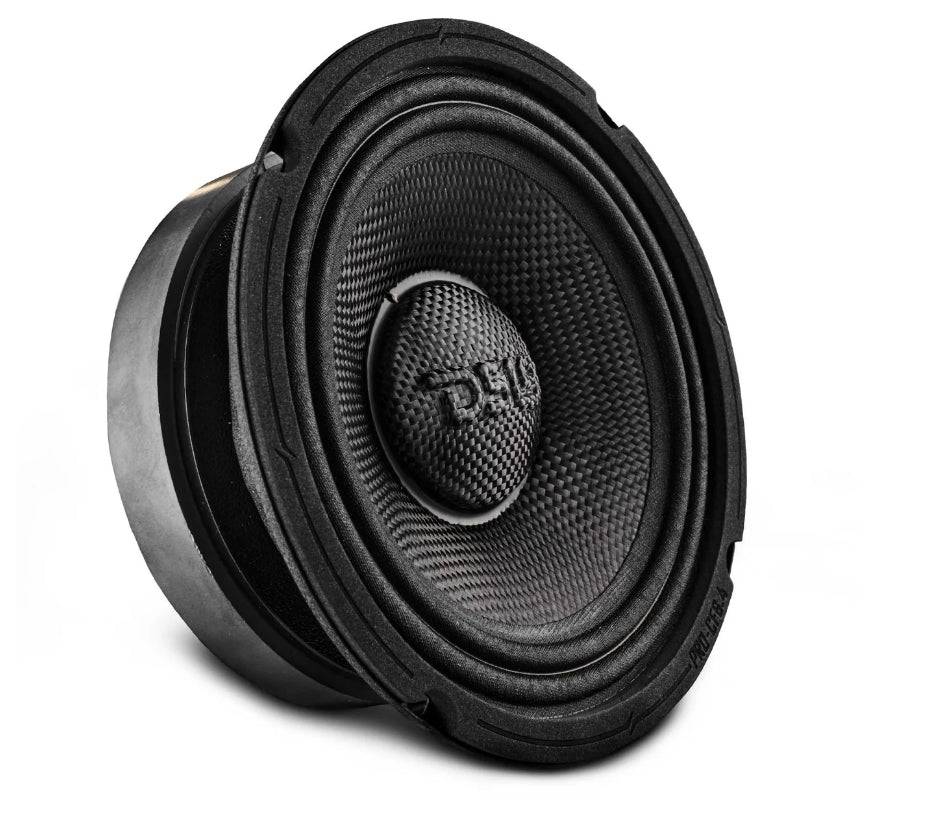 DS18 PRO-CF6.4 6.5 inch carbon fiber pro midrange speaker angled front view on dark background showing DS18 logo carbon fiber dust cap and rubber surround
