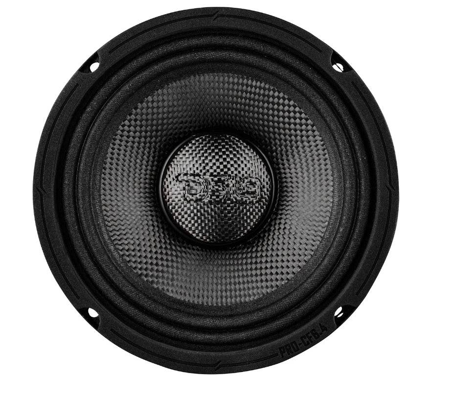 DS18 PRO-CF6.4 6.5 inch 4 ohm 300W RMS midrange speaker front view showing carbon fiber cone, rubber surround, and stamped steel basket