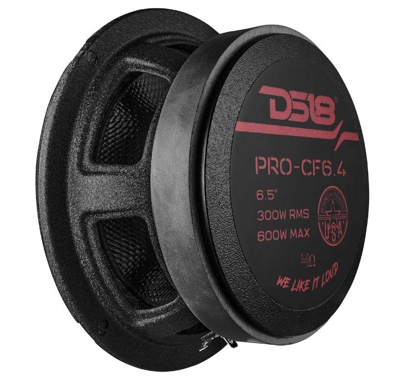 DS18 PRO-CF6.4 motor label showing 6.5 inch, 300 watts RMS, 600 watts max, 4 ohm, USA voice coil, We Like It Loud branding