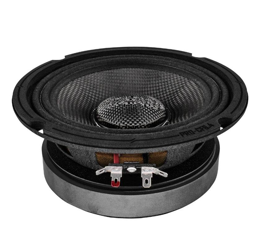 DS18 PRO-CF6.4 6.5 inch midrange speaker angled front view showing carbon fiber cone texture, rubber surround, and motor depth with PRO-CF6.4 model label