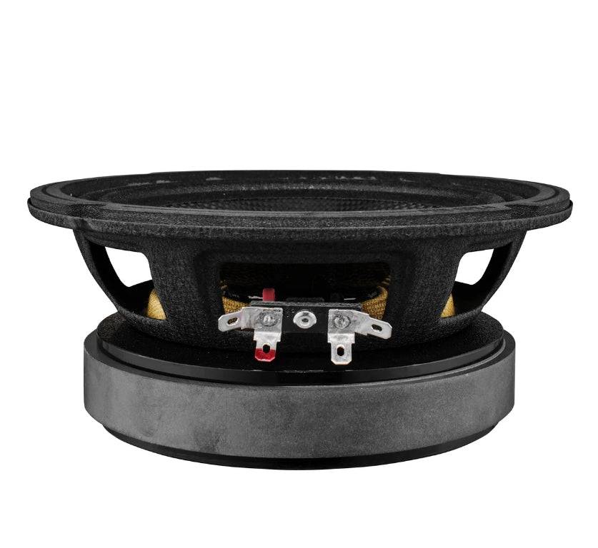 DS18 PRO-CF6.4 rear view showing stamped steel basket, dual spider, copper voice coil windings, and push-pin speaker terminals