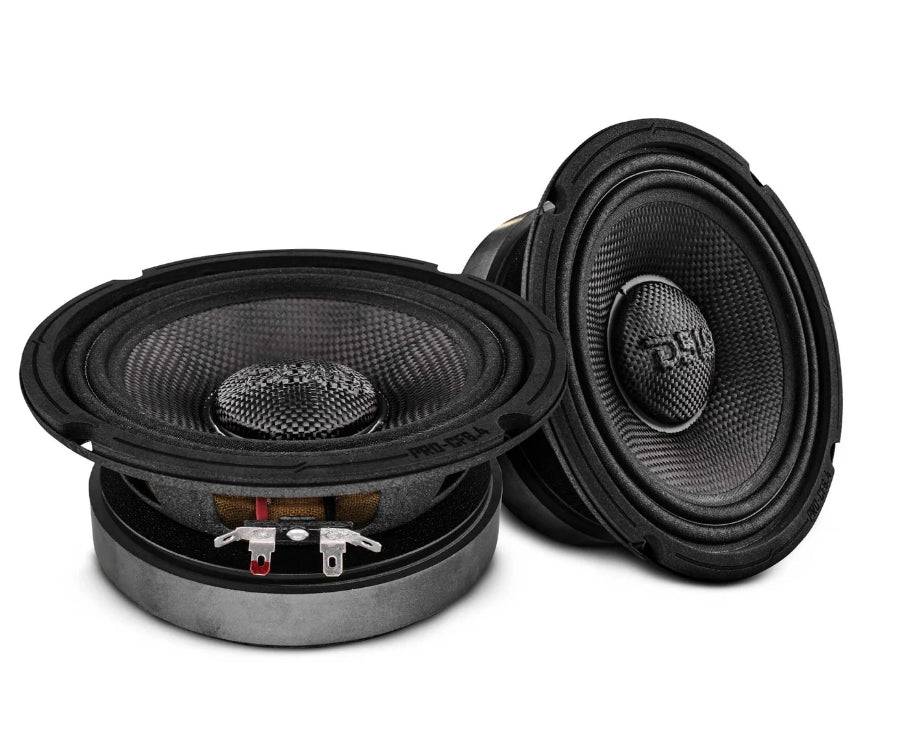 DS18 PRO-CF6.4 6.5 inch carbon fiber midrange speakers shown as a pair - one face-up and one tilted showing push-pin terminals and motor