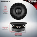 DS18 PRO-CF6.4 6.5 inch pro audio midrange speaker front view showing carbon fiber woven cone with carbon fiber dust cap and DS18 logo