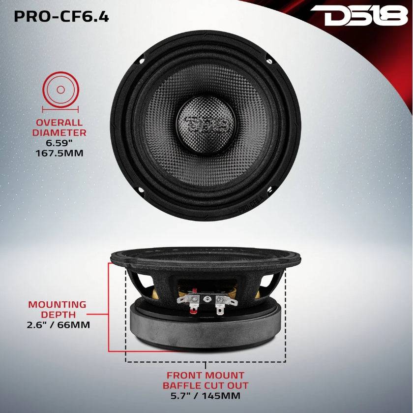DS18 PRO-CF6.4 6.5 inch pro audio midrange speaker front view showing carbon fiber woven cone with carbon fiber dust cap and DS18 logo