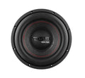 DS18 GEN-XX10.4DHE 10-inch-high excursion subwoofer front view showing black polypropylene cone with red stitching surround and DS18 GEN-XX logo