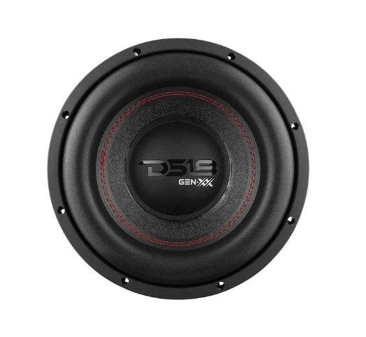 DS18 GEN-XX10.4DHE 10-inch-high excursion subwoofer front view showing black polypropylene cone with red stitching surround and DS18 GEN-XX logo