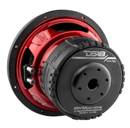 DS18 GEN-XX10.4DHE 10-inch-high excursion subwoofer rear 3/4 view showing red basket, dual 4-ohm voice coil configuration, and model label - 600 watt