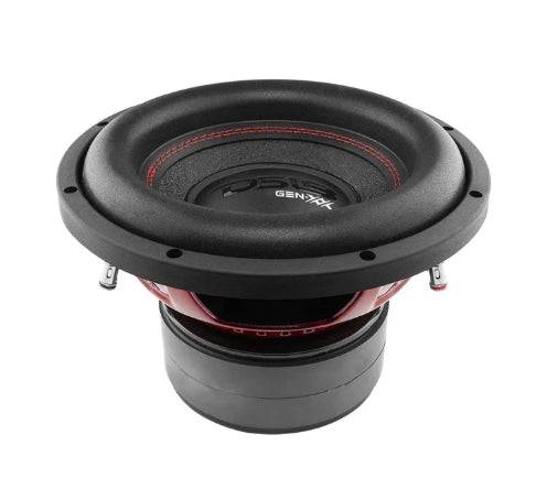 DS18 GEN-XX10.4DHE 10-inch subwoofer elevated front angle view showing deep motor structure, dual spider, and vented pole piece