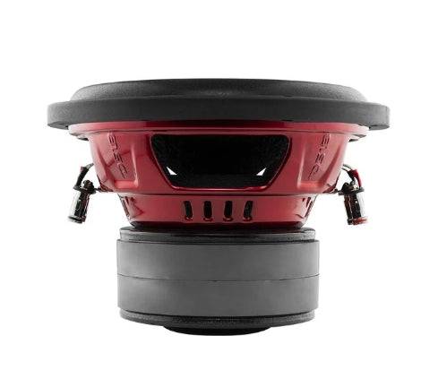 DS18 GEN-XX10.4DHE rear view showing red anodized cast aluminum basket with vented motor structure and dual voice coil lead wires