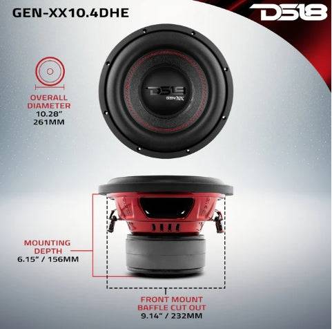 DS18 GEN-XX10.4DHE 10-inch subwoofer dimensions - 10.28-inch overall diameter, 6.15-inch mounting depth, 9.14-inch front mount baffle cutout