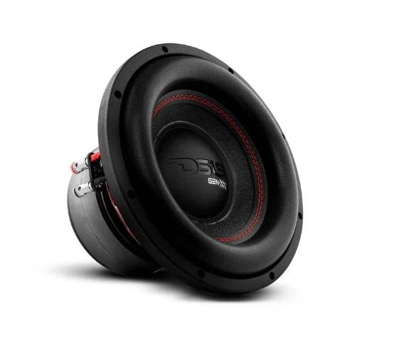 DS18 GEN-XX10.4DHE 10-inch car subwoofer angled view showing rubber surround, red accent stitching, and dual push-pin speaker terminals