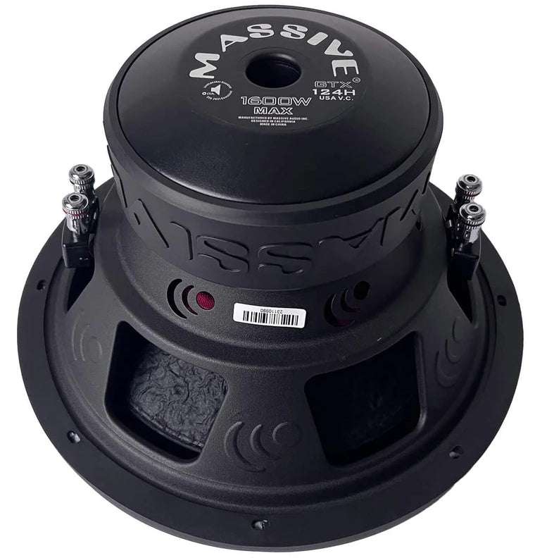 Massive Audio GTX124H 12 inch subwoofer angled rear view showing Massive GTX124H 1600W max motor top with vented pole piece, embossed Massive branding on basket, and four spring terminals