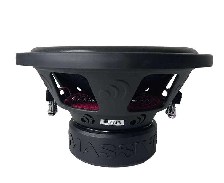 Massive Audio GTX124H 12 inch subwoofer side view showing vented cast aluminum basket, red voice coil windings, dual spider, and four spring-loaded terminals