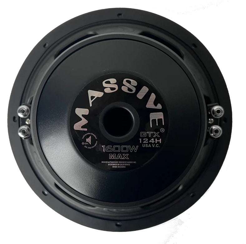 Massive Audio GTX124H 12 inch subwoofer rear view showing black steel motor with GTX124H model label, 1600W max power, USA voice coil, and four spring-loaded speaker terminals