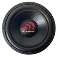 Massive Audio GTX124H 12 inch subwoofer front view showing black woven cone with red stitching surround and Massive logo honeycomb dust cap