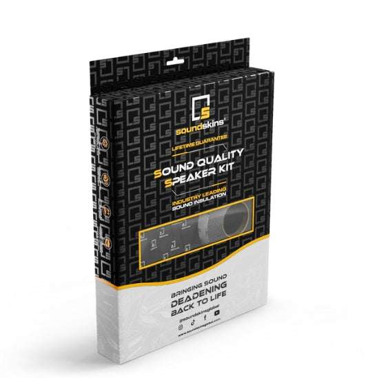 SoundSkins SSK-SQSK Sound Quality Speaker Kit retail box packaging with lifetime guarantee and industry leading sound insulation