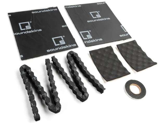 SoundSkins SSK-SQSK Sound Quality Speaker Kit complete contents including two butyl deadening sheets, wave-cut foam baffles, flat foam pads, and rubber foam tape roll