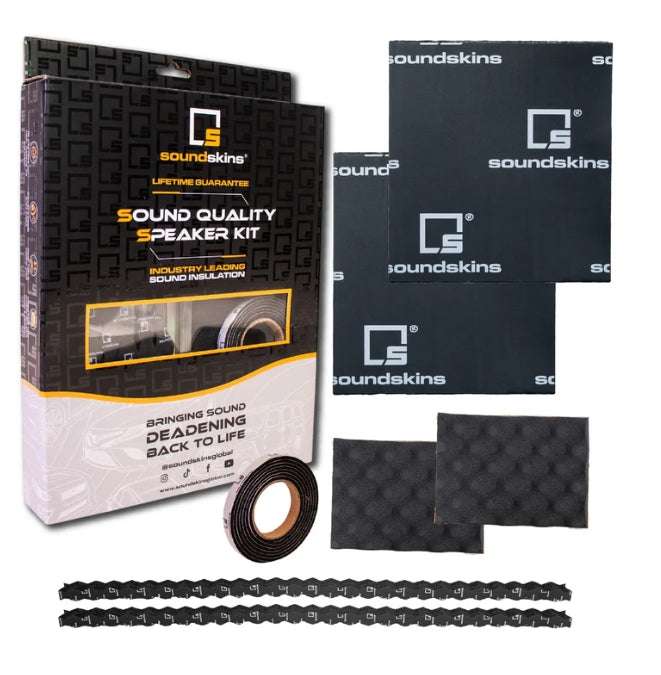 SoundSkins SSK-SQSK Sound Quality Speaker Kit complete contents including two butyl deadening sheets, wave-cut foam baffles, flat foam pads, and rubber foam tape roll