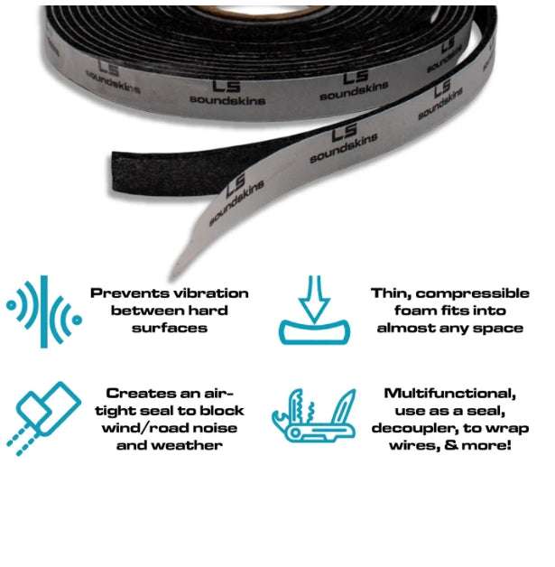 SoundSkins SSK-SQSK thin compressible rubber foam tape roll - prevents vibration between hard surfaces, creates airtight seal, blocks wind and road noise, multifunctional use