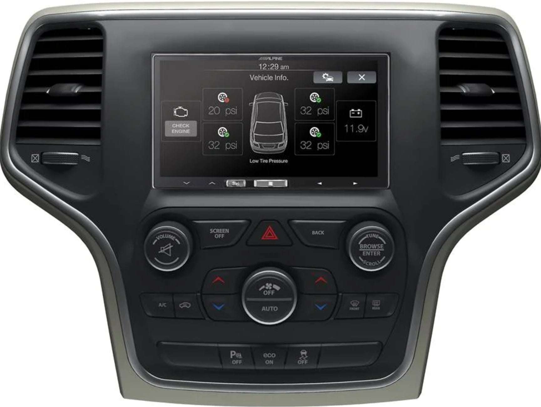 iDatalink KIT-JGC1 installed in Jeep Grand Cherokee showing Alpine head unit displaying vehicle info screen with tire pressure, check engine, and battery voltage data via Maestro integration