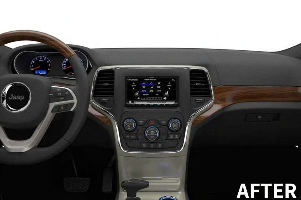 Jeep Grand Cherokee dashboard after iDatalink KIT-JGC1 installation with Alpine aftermarket touchscreen head unit fitted in factory dash opening