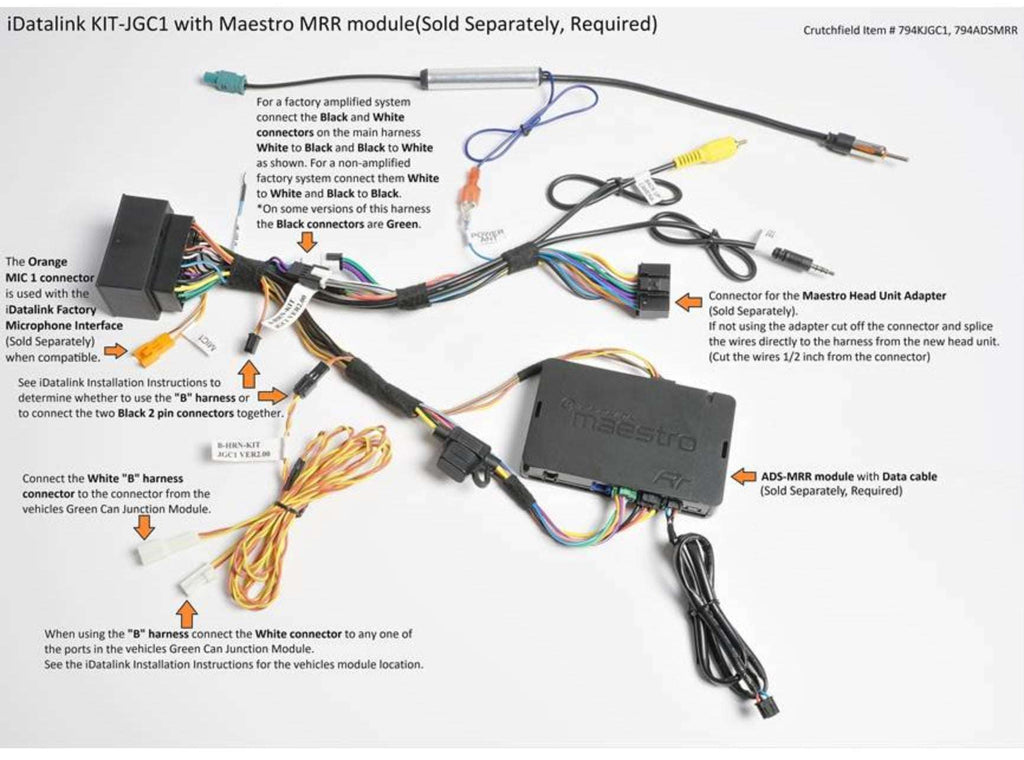 iDatalink KIT-JGC1 wiring diagram showing main harness connections including Maestro MRR ADS-MRR module data cable, B harness Green CAN Junction Module connection, Maestro head unit adapter connector, and orange MIC 1 connector for factory microphone interface