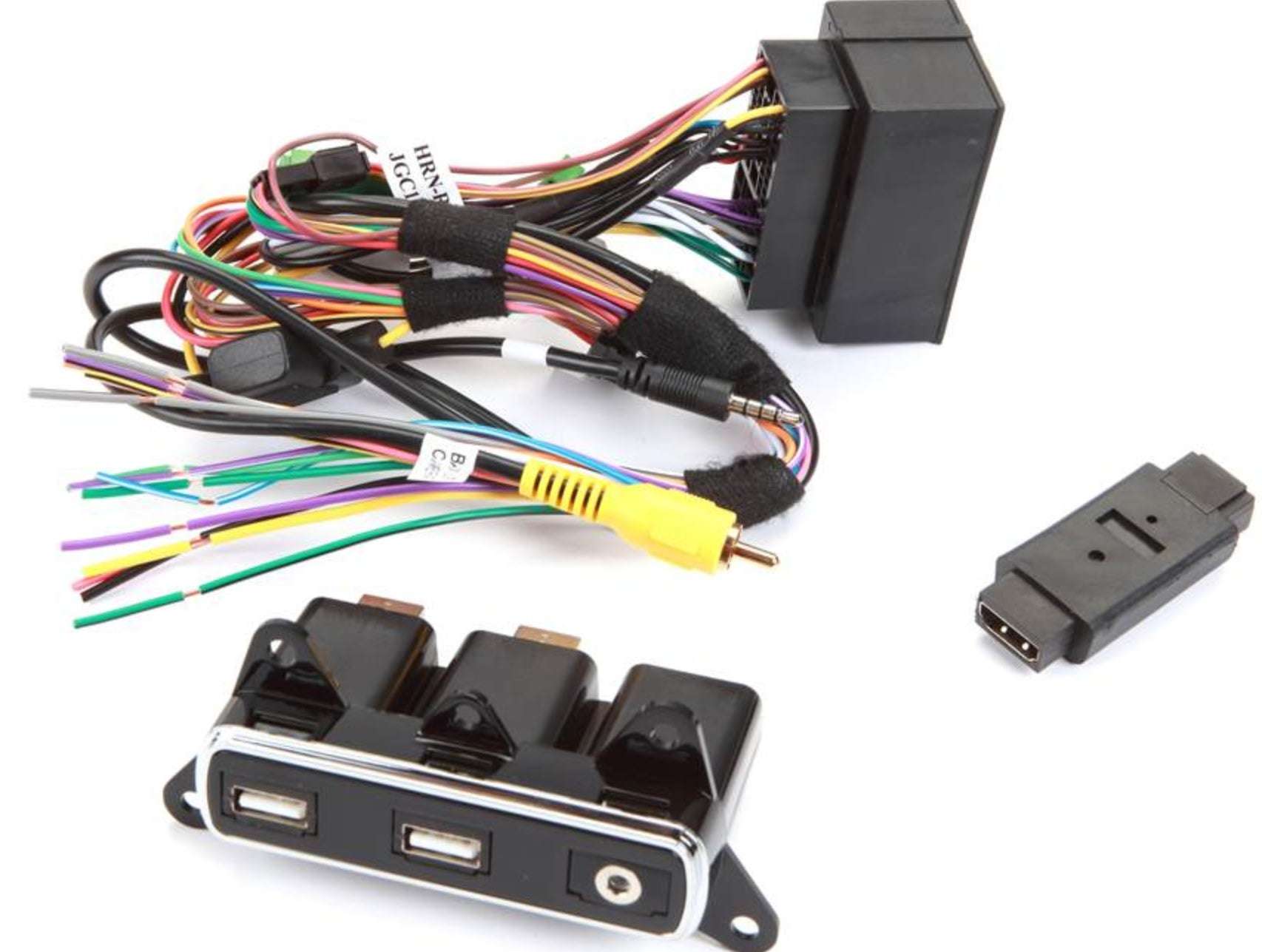 iDatalink KIT-JGC1 main wiring harness with OEM Jeep Grand Cherokee connector, multi-color wire leads, RCA output, 3.5mm audio, and antenna adapter