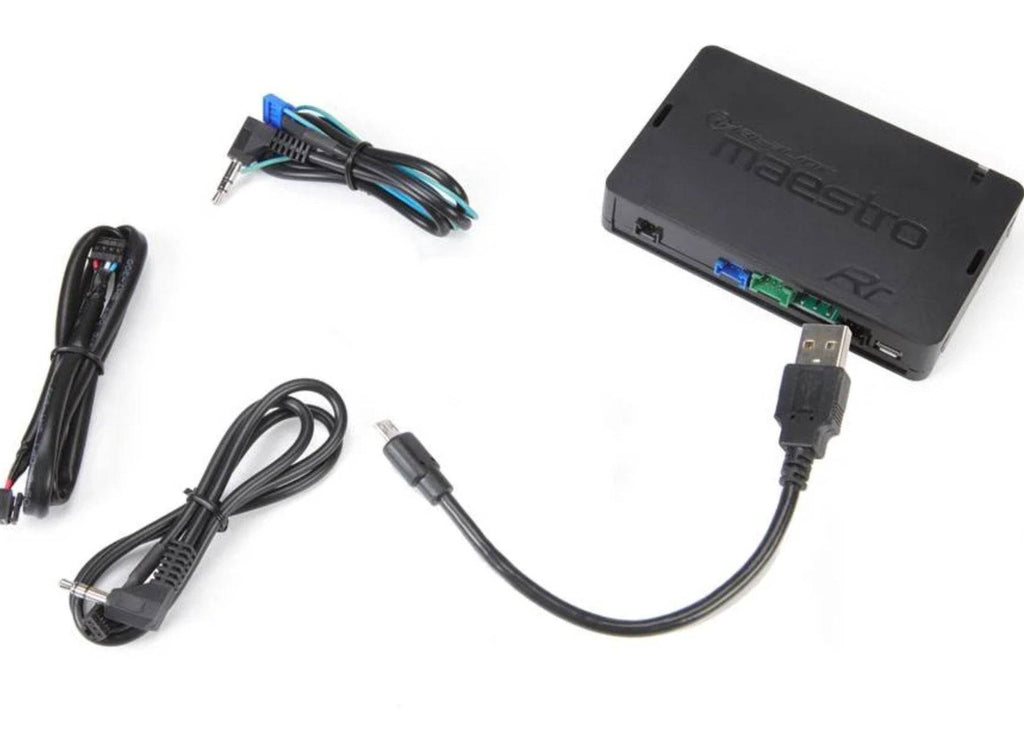 iDatalink Maestro ADS-MRR interface module with included USB cable, data cable, and wiring harnesses