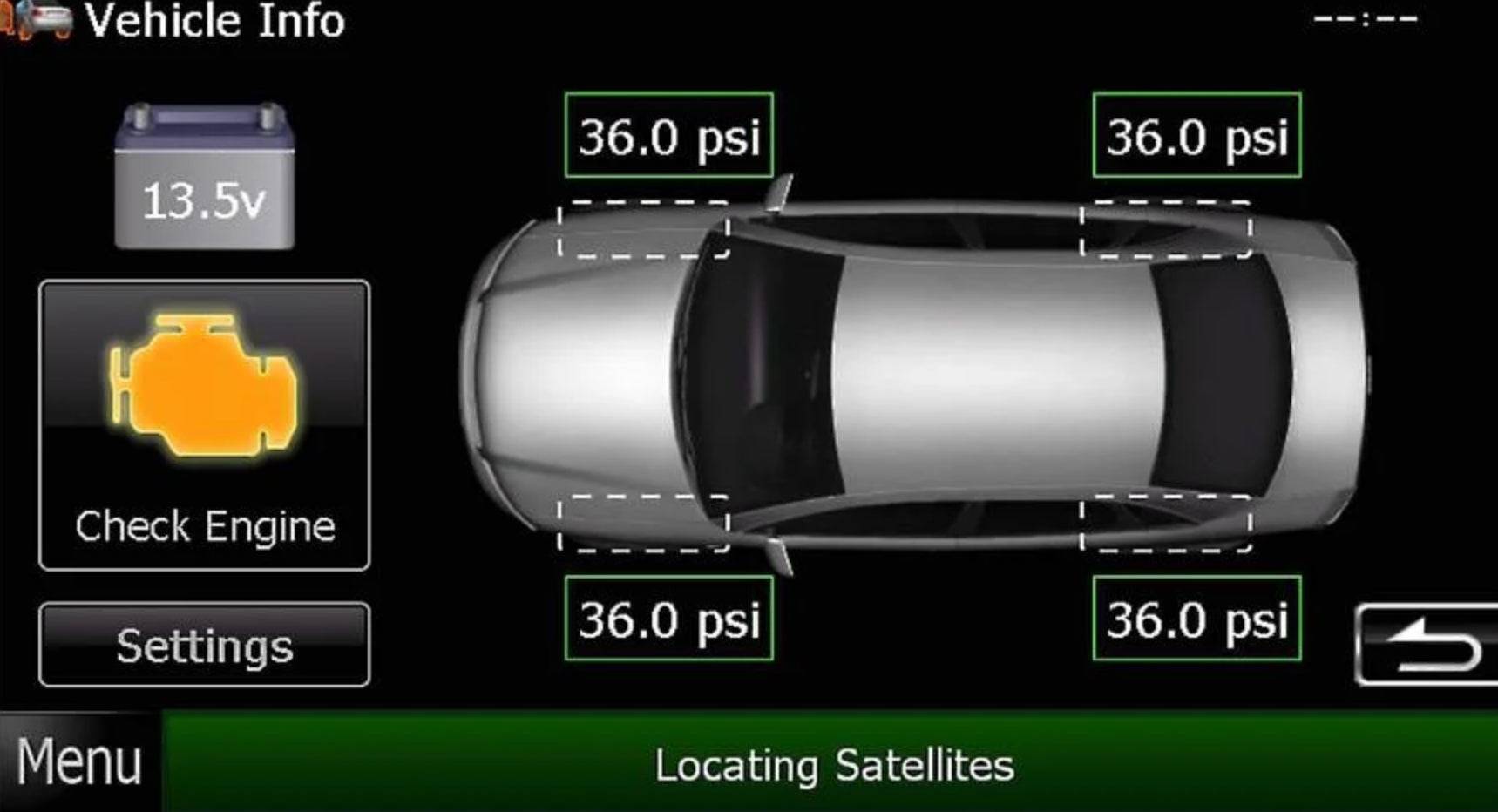 iDatalink Maestro ADS-MRR OEM vehicle info display showing tire pressure, battery voltage, check engine light, and TPMS data on aftermarket head unit