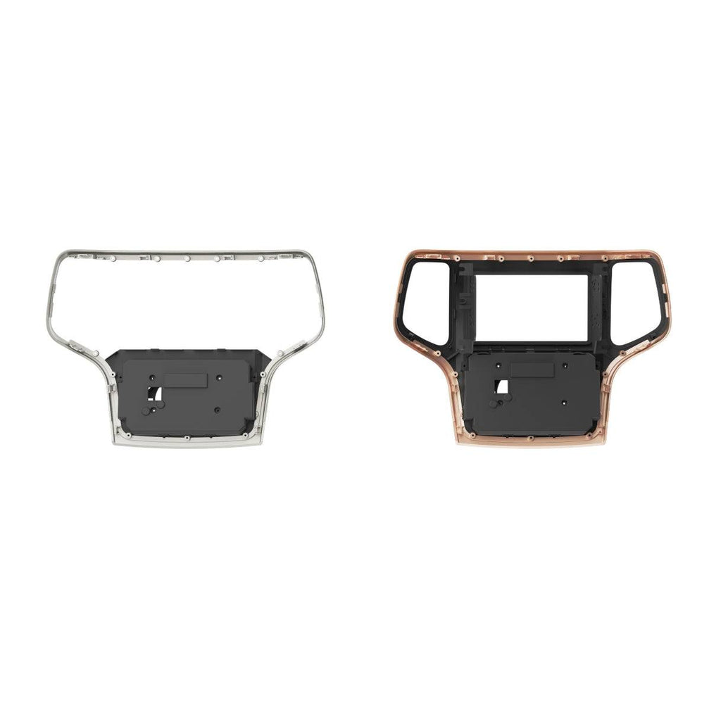 Metra 95-6562 rear view of silver and tan double DIN dash panels showing mounting structure and bracket attachment points
