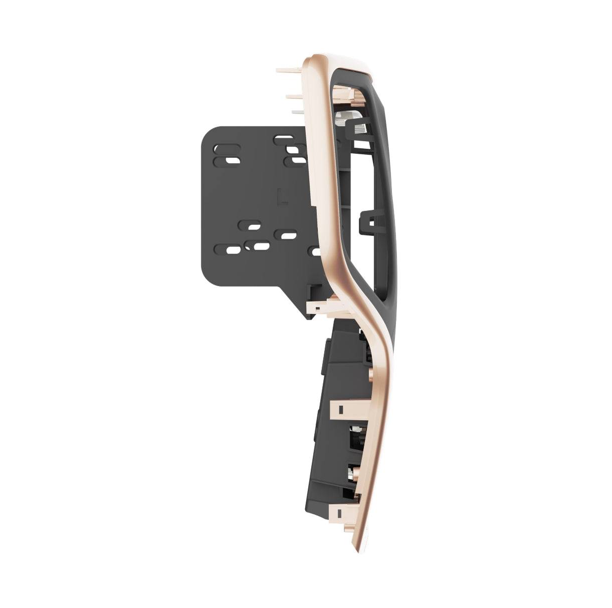 Metra 95-6562 side profile view of tan copper dash panel with radio mounting bracket attached for depth and fitment reference