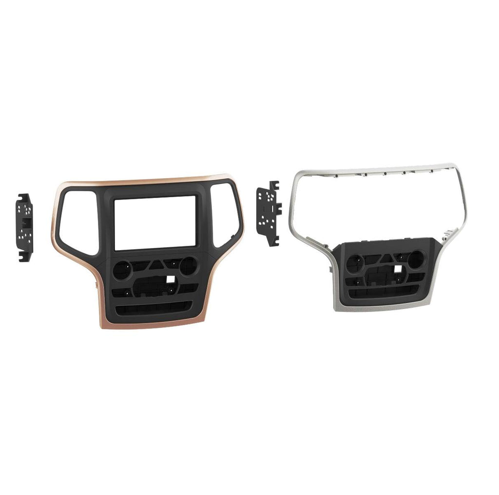 Metra 95-6562 silver chrome and tan copper double DIN dash panels with side mounting brackets for Jeep Grand Cherokee aftermarket stereo installation