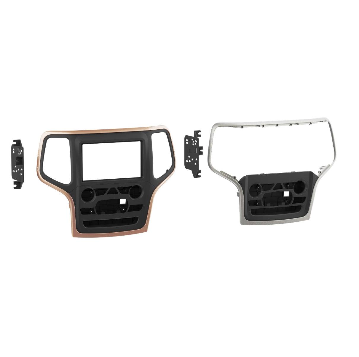 Metra 95-6562 silver chrome and tan copper double DIN dash panels with side mounting brackets for Jeep Grand Cherokee aftermarket stereo installation