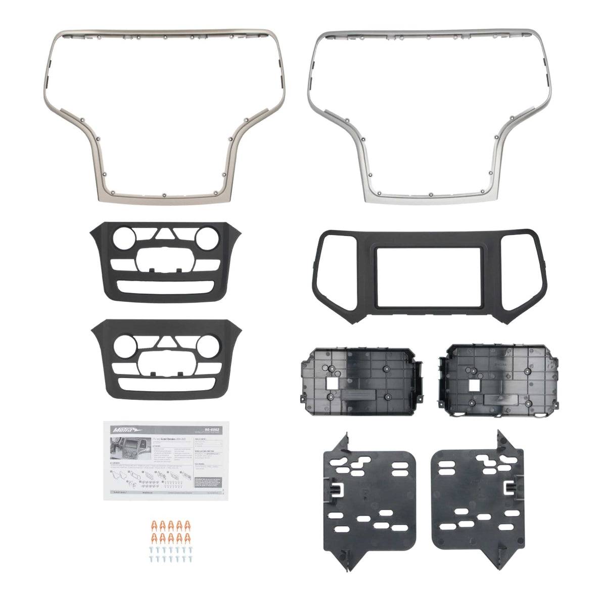 Metra 95-6562 complete dash kit contents including silver and tan dash panels, radio brackets, mounting plates, hardware, and installation instructions for Jeep Grand Cherokee

